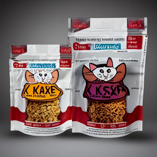 Image similar to a professional photo of a new package for Mouse Krisp Cat Snax, dramatic cinematic studio lighting