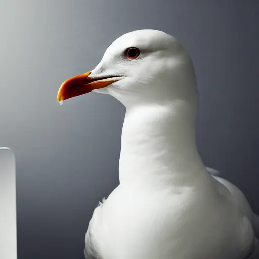 Image similar to an angry seagull typing at a computer in it's bedroom, studio portrait, dramatic background and lighting