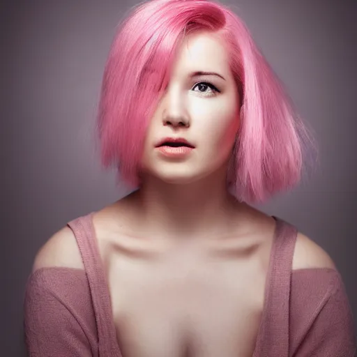 Image similar to a beautiful woman with pink hair and fair skin, portrait photograph, nikon 3 5 mm, photograph