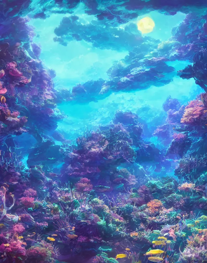 Image similar to thriving coral reef filled with tropical fish glowing at night in the sea under the moonlight with reflections, environment concept art, ethereal anime, high detail Impressionist style, dreamy light color palette, style of studio ghibli and moebius, concept art stunning atmosphere, trending on artstation, volumetric light