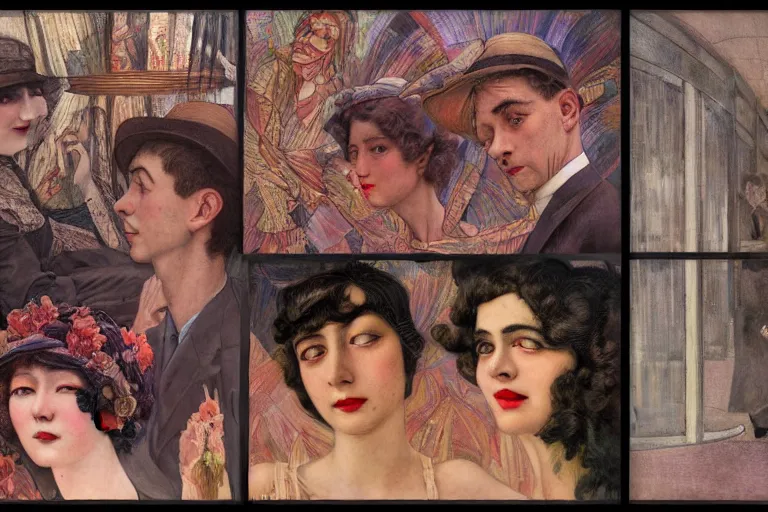 Prompt: detailed people in 1 9 2 0 s movie theatre, exterior greenhouse, portrait face, in the style of frantisek kupka, intricate, miles johnston, keita morimoto, kuroda seiki, cynical realism, ozabu, john william godward, painterly, yoshitaka amano, moebius, beautiful lighting