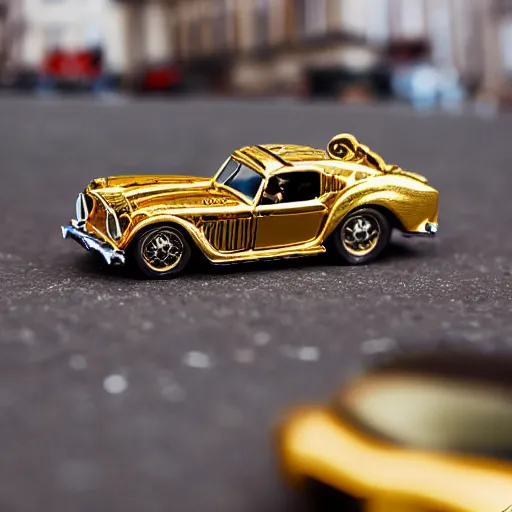 Prompt: 5 5 mm photo of metallic gold steampunk shelby like hot wheels model with a london city as background