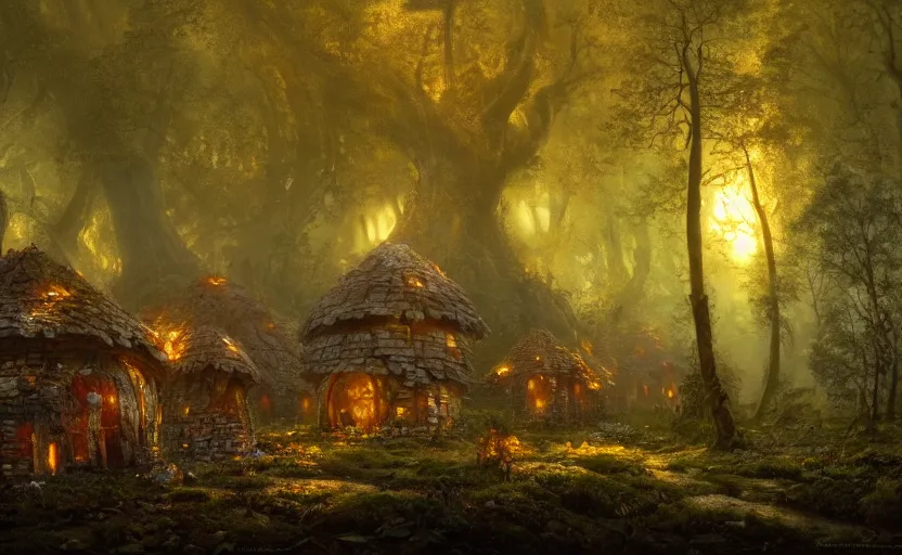 Image similar to A mushroom house close to the camera in the foreground, mushroom houses village in the distance, light coming from the windows, in a dark forest, macro, underexposed, overecast, mysterious matte painting by greg rutkowski and marc simonetti and Ivan Shishkin