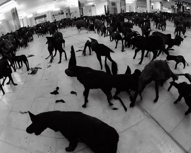 Image similar to camera footage of a Dozens of Feral Black Dogs with rabies in an abandoned shopping mall, high exposure, dark, monochrome, camera, grainy, CCTV, security camera footage, timestamp, zoomed in, Feral, fish-eye lens, Nightmare Fuel, Dog, Evil, Zerg, Brood Spreading, Motion Blur, horrifying, lunging at camera :4