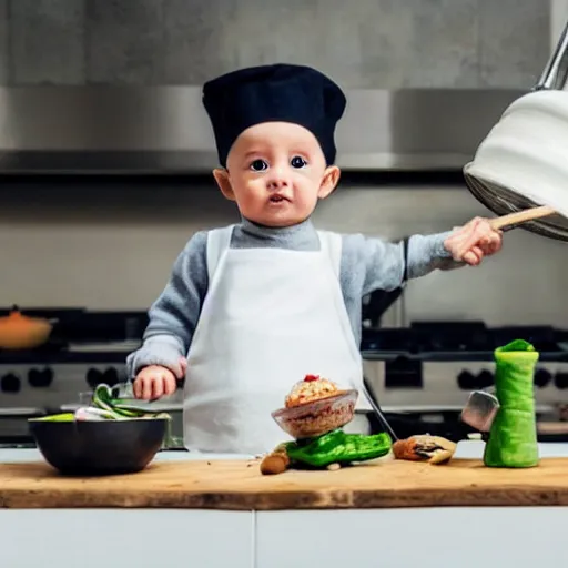 Image similar to tiny and innocent baby yoda appears as a chef wearing a white chefs hat and apron in a beautiful kitchen, preparing some food