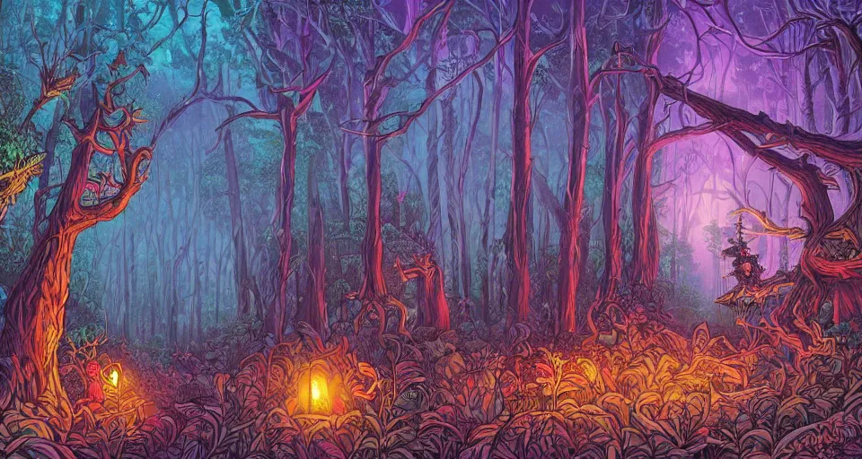 Image similar to Enchanted and magic forest, by dan Mumford