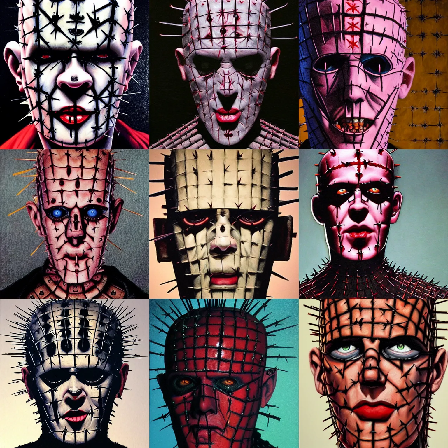 Prompt: an ultra - realistic painting of hellraiser pinhead in the style of alex ross. 4 k. ultra - realistic. highly detailed. dark fantasy. epic lighting.