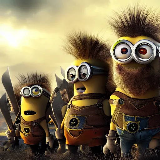 Image similar to The minions in The Vikings Digital art very detailed 4K quality Super Realistic