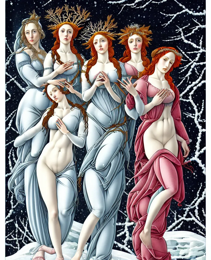 Image similar to the 3 Goddesses of Winter, in a mixed style of Botticelli and Æon Flux, inspired by pre-raphaelite paintings and shoujo manga, surrounded by a harsh icy winter landscape, hyper detailed, stunning inking lines, flat colors, 4K photorealistic