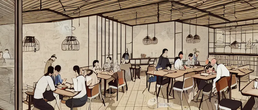 Image similar to a beautiful interior view illustration of a small roasted string hotpot restaurant in yan'an city, restaurant wall paper is a tower on a mountain, rectangle white porcelain table, people are eating, black chair, animation illustrative style, from china, simple style structure decoration design, victo ngai, james jean, 4 k hd