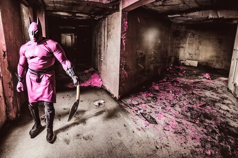 Image similar to batman wearing pink apron wielding an axe, chasing through old brown decrepit hallway, creepy smile, atmospheric eerie lighting, dim lighting, bodycam footage, photograph