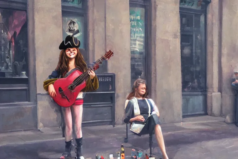 Image similar to a busking girl in the streets of paris with a pirate smile, hyperrealism, 8k, fantasy, digital art, artstation