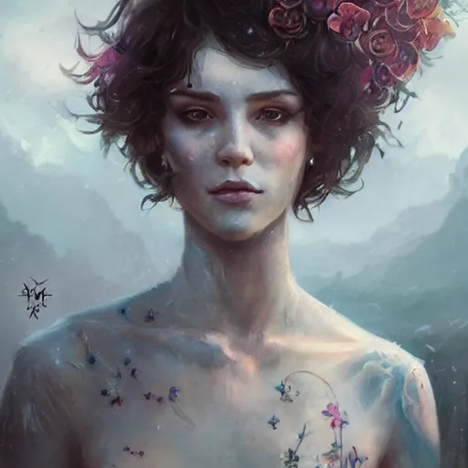 Image similar to portrait of beautiful woman with short curly brown hair, tattoo of unicorn and mermaid, intricate, flowers, mythical, oil painting, Tooth Wu, Greg Rutkowski, RPG, dynamic lighting, fantasy art, High contrast, depth of field