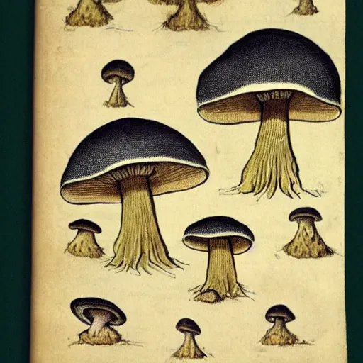 Prompt: Ecology sketch of radioactive mushrooms. Darwin 18th century manuscript of evolution