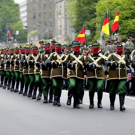 Prompt: a parade of the german army, the army is wearing clown hats.