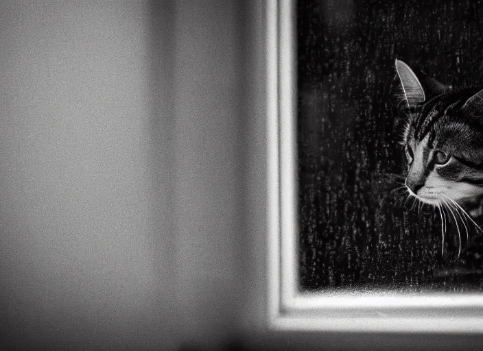 Image similar to photography of a Cat . watching outside the window while it rains. on a bed. in a 70's room full of vinyls and posters, photorealistic, raining award winning photo, 100mm, sharp, high res