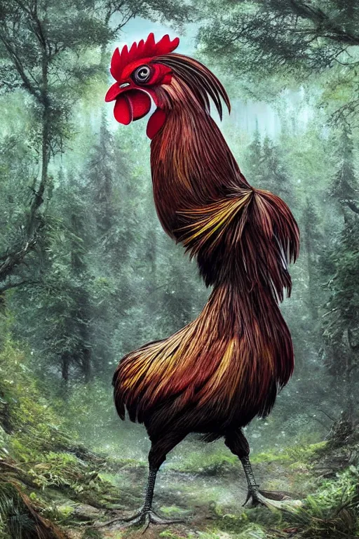 Prompt: a beautiful rooster in a forest, inspired by thomas eakes & greg rutkowski & xiang duan, perfect symmetry, magic realism, post - processing, extremely hyper - detailed, intricate, soft - lighting, lifelike attributes, masterpiece, pastel'