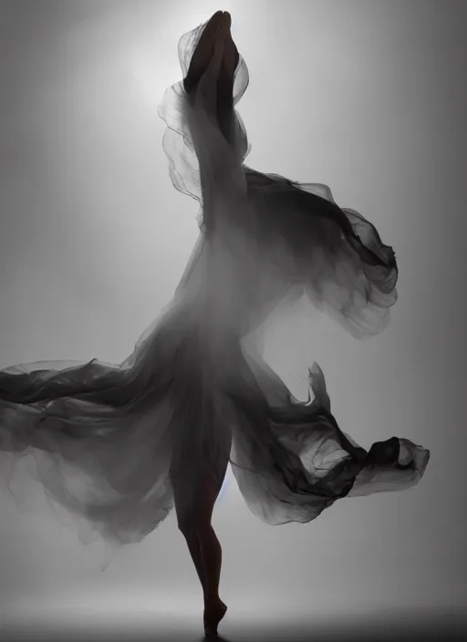 Image similar to a Photorealistic dramatic hyperrealistic render of a beautiful Female smoke dancer by Ken Brower and Deborah Ory of NYC Dance project,Lois Greenfield,Flowing cloth and smoke,Beautiful dynamic dramatic dark moody lighting,volumetric,shadows,cinematic atmosphere,Octane render,8K