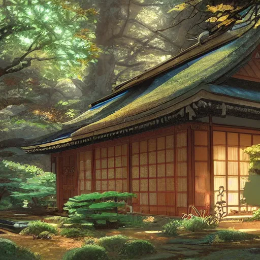 Image similar to concept art painting of a japanese english cottage in the deep woods, cozy, realistic, detailed, cel shaded, in the style of makoto shinkai and greg rutkowski and james gurney