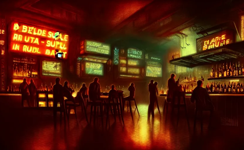 Image similar to blade runner in a dimly lit bar, fluorescent lighting, eerie, otherworldly atmosphere, detailed, photorealistic imagery, futuristic, intricate, detailed, photorealistic imagery, artstation