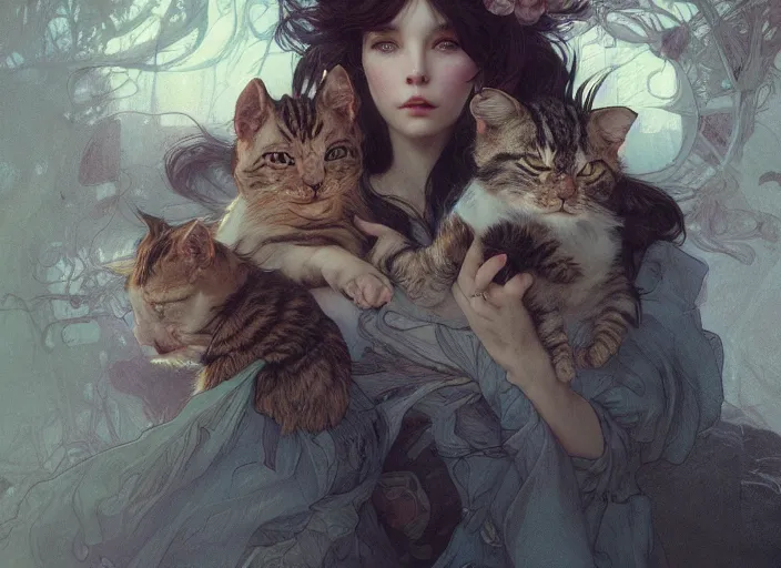 Prompt: a dramatic highly detailed render of cat family , wonderland , by WLOP and Artgerm and Greg Rutkowski and Alphonse Mucha, Beautiful dynamic dramatic dark moody lighting, shadows, cinematic atmosphere, Artstation, Octane render, 8K, masterpiece, sharp focus, hyperrealistic, photograph