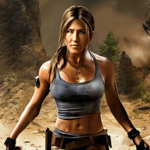 Image similar to jennifer Aniston as lara croft, realistic, 8k resolution, hyperdetailed, highly detailed, real life, studio lighting, high quality, dramatic shot,