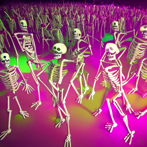 Prompt: photo, a giant crowd of realistic anatomically correct claymation skeletons dancing sensually and cool inside a colorful futuristic night club, colorful dramatic unique lighting