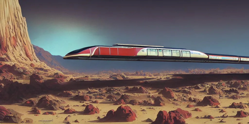 Prompt: concept art cnn monorail shonan in martian landscape, lower, brutalism, colorful, syd mead matte painting, norman rockwell, 4 k resolution, medium full shot, octane render, intricate, ultra detailed, volumetric lighting, cinematic lighting + masterpiece