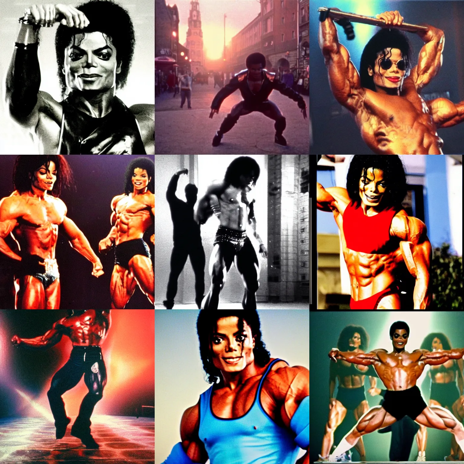 Prompt: shot on 8 mm film, michael jackson as bodybuilder on steroids, in legnica, sunrise, by vhs camcoder