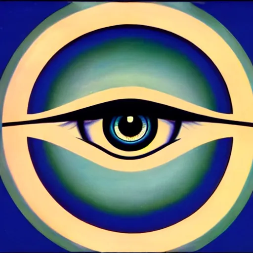 Prompt: logo of eye looking down on city, symmetrical, washed out color, centered, art deco, 1 9 5 0's futuristic, glowing highlights, intense