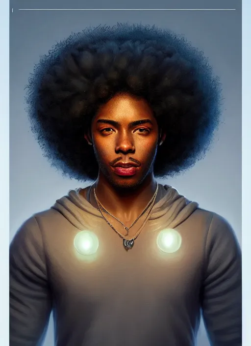 Prompt: photographic portrait of an handsome young black man with an afro, glowing lights intricate, elegant, highly detailed, digital painting, artstation, concept art, smooth, sharp focus, illustration, art by artgerm and greg rutkowski