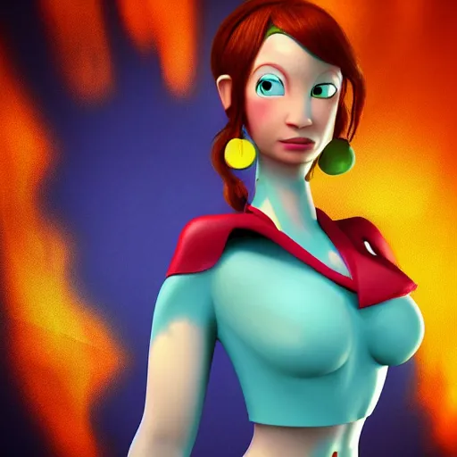 Image similar to christina hendricks as avatar nickelodeon characters, 3 d render, blender,