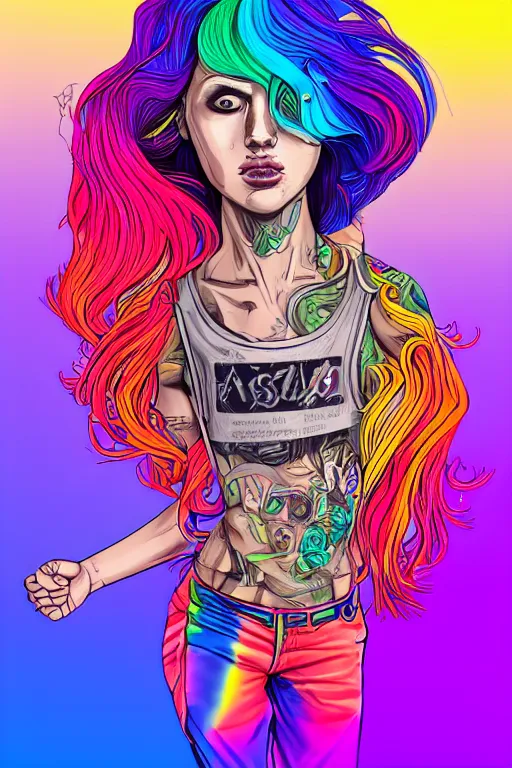 Image similar to a award winning half body portrait of a beautiful woman with stunning eyes in a printed croptop and cargo pants with rainbow colored ombre hairstyle head in motion and hair flying by josan gonzales, outrun, vaporware, shaded flat illustration, digital art, trending on artstation, highly detailed, fine detail, intricate