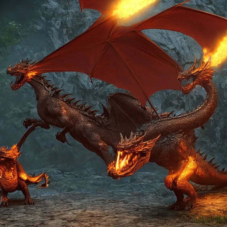 Prompt: A angry dragon, breathing fire, sitting on a rock, at night. Fantasy Demo in Unreal Engine 6.