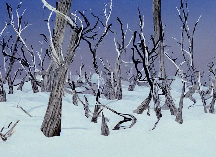 Image similar to stark minimalist charred wooded snowdrift landscape from mulan ( 1 9 9 8 )