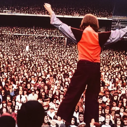 Prompt: john lennon playing a red gutair on stage while thousands of fans cheer, hd, epic, wide angle shot