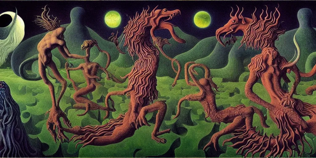 Image similar to mythical creatures and monsters in the imaginal realm of the collective unconscious, in a dark surreal painting by johfra, mc escher and ronny khalil