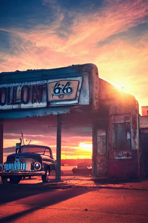 Image similar to a sunset light landscape with historical route 6 6, lots of sparkling details and sun ray ’ s, blinding backlight, smoke, volumetric lighting, colorful, octane, 3 5 mm, abandoned gas station, old rusty pickup - truck, beautiful epic colored reflections, very colorful heavenly, softlight