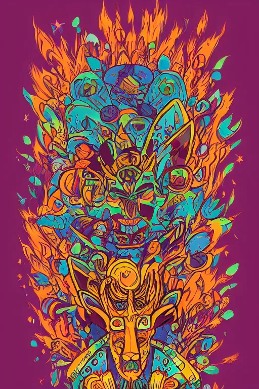 Image similar to animal mask totem roots flower tribal feather gemstone plant wood rock shaman vodoo video game vector cutout illustration vivid multicolor borderlands comics by josan gonzales and dan mumford radiating a glowing aura