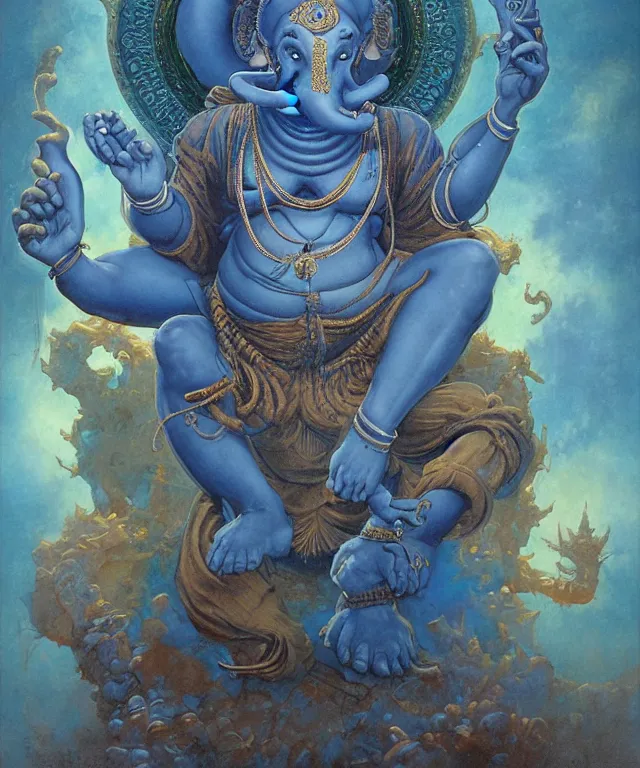 Image similar to blue ganesha with man ’ s body, glowing fiery background, in the style of peter mohrbacher, wayne barlowe, gustav moreau, bussiere, roberto ferri, santiago caruso, luis ricardo falero, austin osman spare, colorful