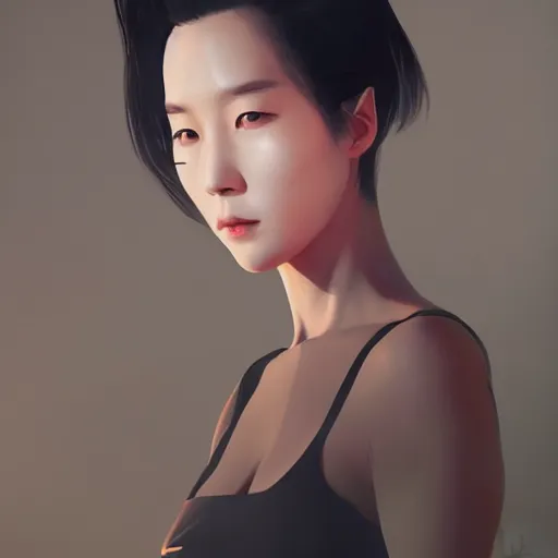 Image similar to Lee Jin-Eun by Vincent Di Fate, rule of thirds, seductive look, beautiful, octane render