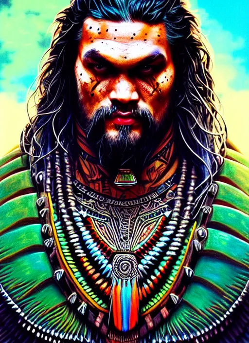 Prompt: portrait of jason momoa, hyper detailed ultra sharp aztec shaman warrior. trending on artstation, warpaint aesthetic, bloodwave, colorful, psychedelic, ornate, intricate, digital painting, concept art, smooth, sharp focus, illustration, art by artgerm and greg rutkowski and h. r. giger, 8 k