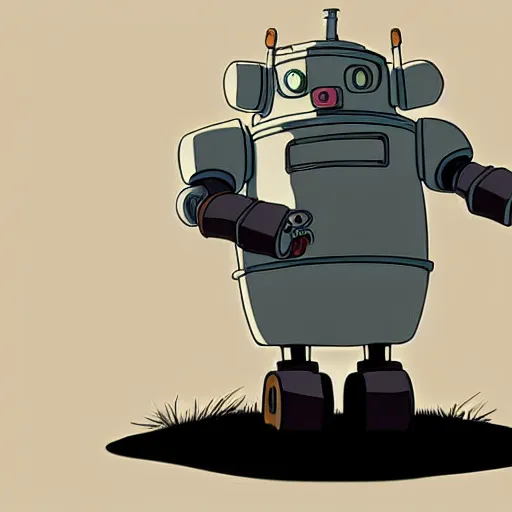 Image similar to a study of cell shaded cartoon of a grey robot st. bernard from howl's moving castle ( 2 0 0 4 ) on a desert road, full body, wide shot, very muted colors, post grunge, studio ghibli, laurie greasley, highly detailed, deviantart, art by artgem