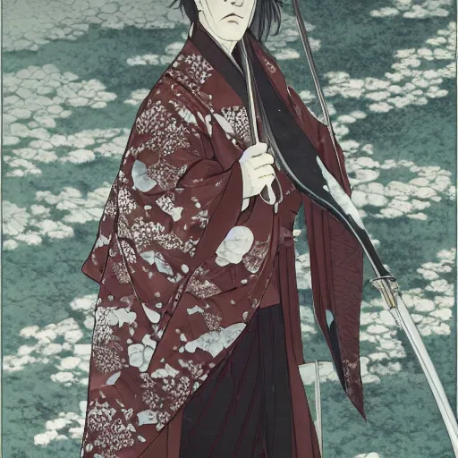 Image similar to detailed portrait of snape samurai with swords, in snow forest sakura cherry blossom, hakama kimono, trending on artstation elite, elegant, luxury, by krenz cushart, junji ito, takato yamamoto, perfect face, fine details, realistic shaded, fine - face, pretty face