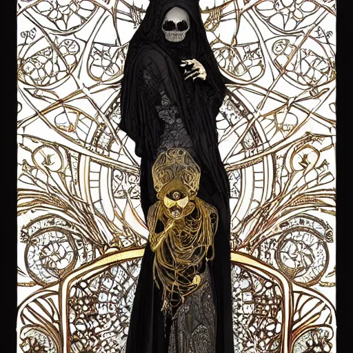 Prompt: a skeleton in a black cloak, highly detailed, very intricate, art nouveau, gold filigree, tarot concept art watercolor illustration by mandy jurgens and alphonse mucha and alena aenami, featured on artstation