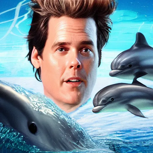 Image similar to hyperrealistic film still of ace ventura searching for dolphin in space, stunning 3 d render, inspired by istvan sandorfi & greg rutkowski & unreal engine, perfect facial symmetry, dim volumetric cinematic lighting, 8 k octane comprehensive render, extremely hyper - detailed, incredibly lifelike attributes, intricate, real flesh texture, masterpiece, artstation, stunning,