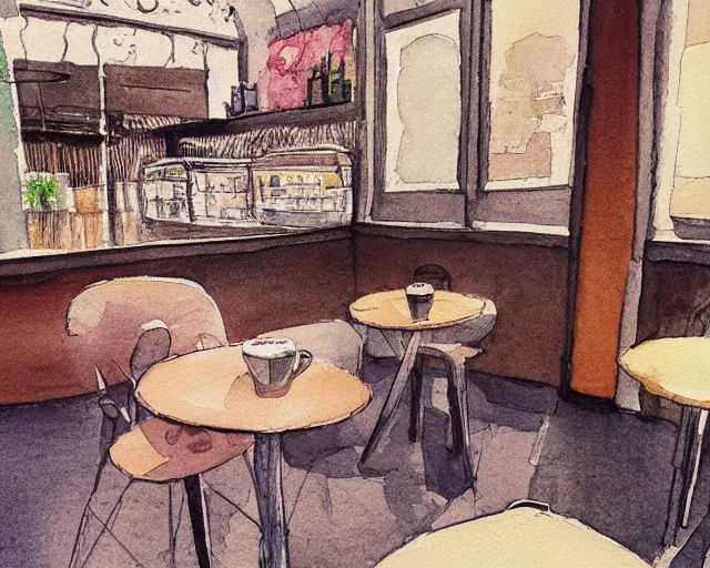 Image similar to a coffee shop smooth light color watercolor pen by dziuba evgeniya trending on artstation