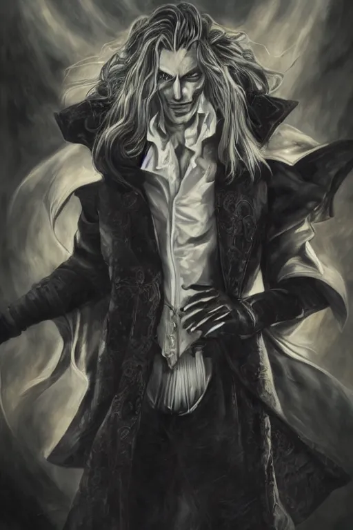 Image similar to a regal portrait of alucard set against a shadowy background by ayami kojima, detailed, photorealistic, volumetric lighting, studio lighting, cgi