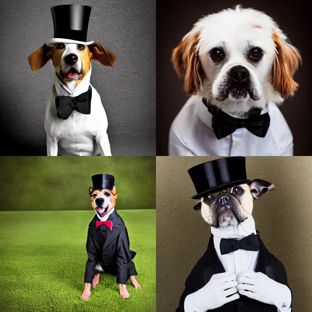 Prompt: a very dapper dog wearing a top hat named \'Horatio Herynomous Halpert\', studio photo, highly detailed, trending on 500px