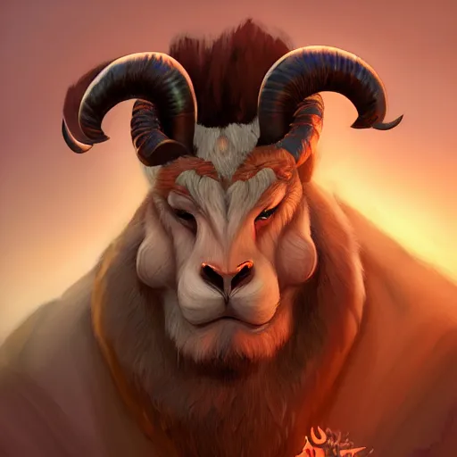 Image similar to Portrait of an antropomorphic ram warrior, long ram horns and dark brown goatee, fierce and wild look, mattepainting concept Blizzard pixar maya engine on stylized background splash comics global illumination lighting artstation lois van baarle, ilya kuvshinov, rossdraws